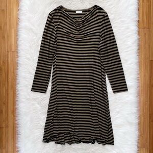 Habitat Tan Black Striped Jersey Knit Long Sleeve Cowl Neck Midi Dress Lagenlook